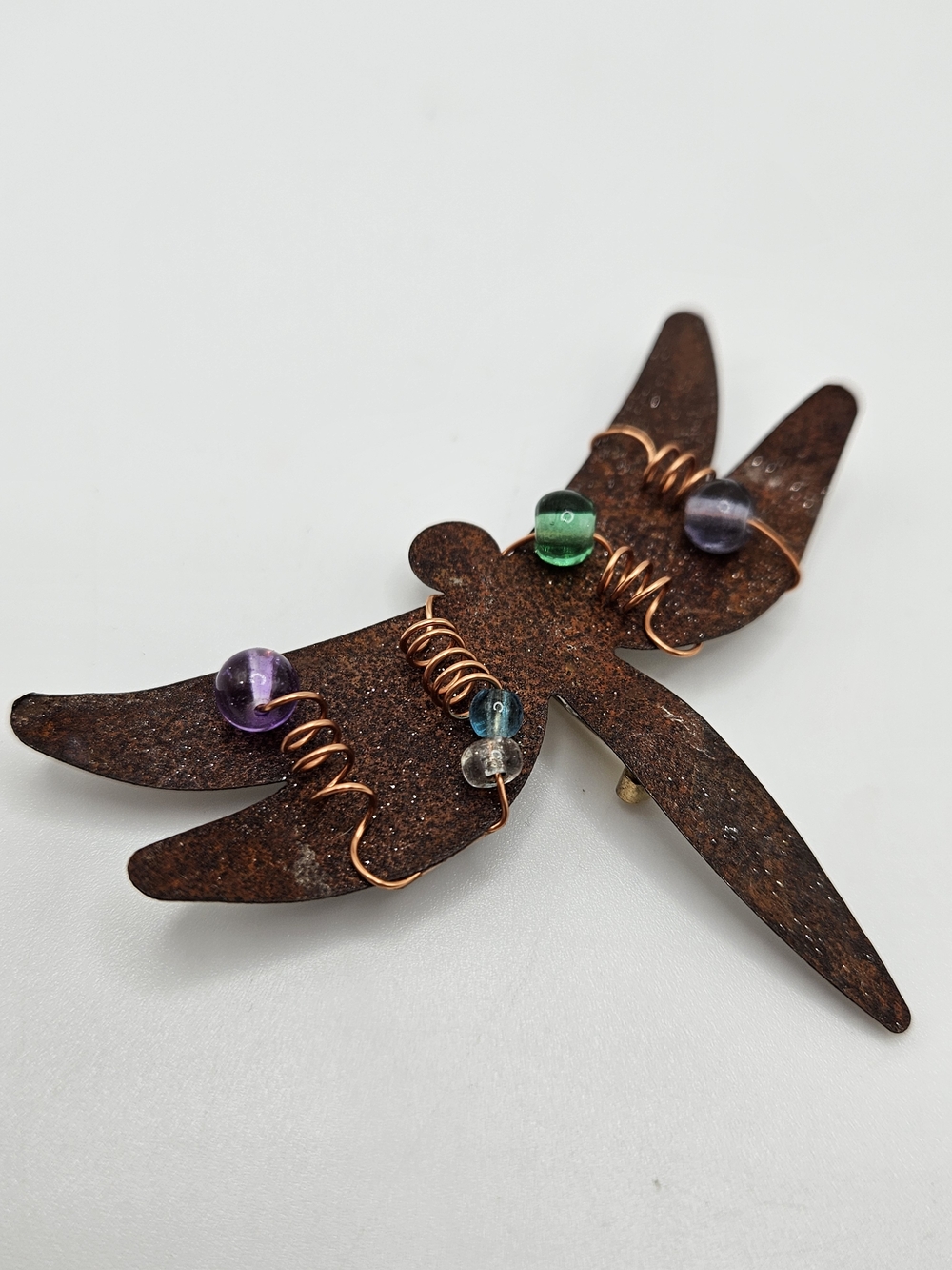 VINTAGE Handmade Copper Tone Metal Beaded Wire Dragonfly Brooch Pin